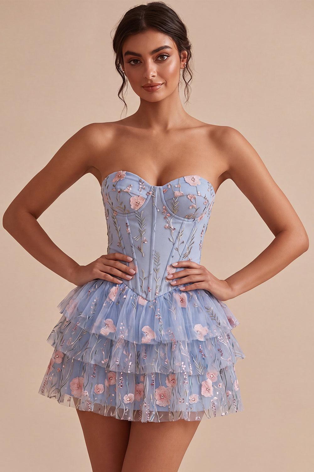 Dressystars Ruffled Beaded Light Blue Corset Floral Tiered Short Homecoming Dress
