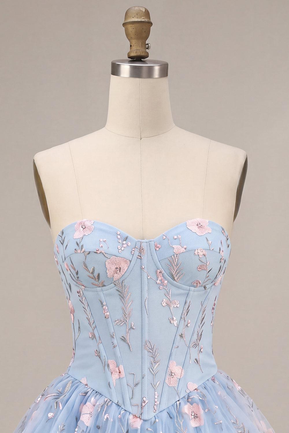 Dressystars Ruffled Beaded Light Blue Corset Floral Tiered Short Homecoming Dress