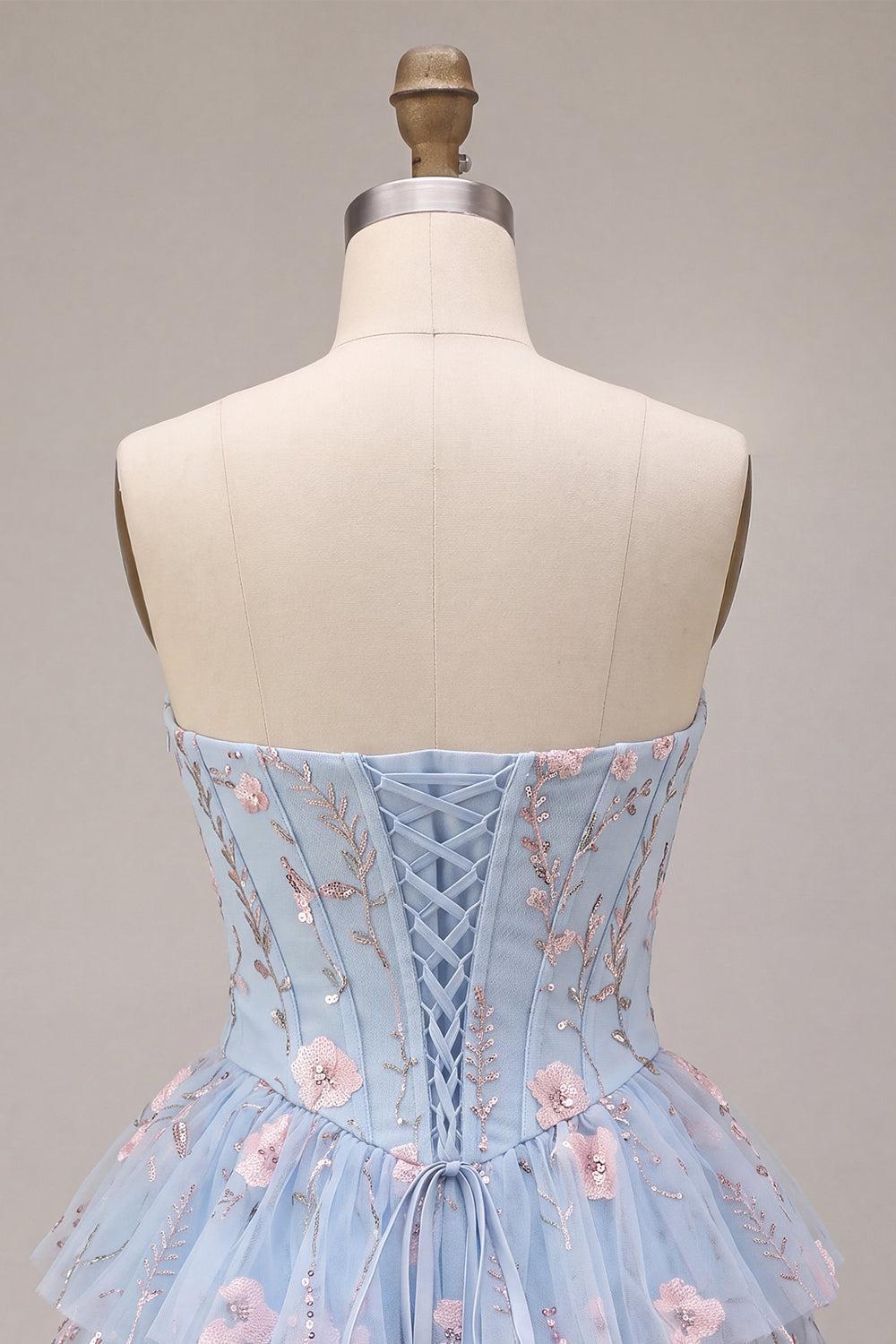 Dressystars Ruffled Beaded Light Blue Corset Floral Tiered Short Homecoming Dress