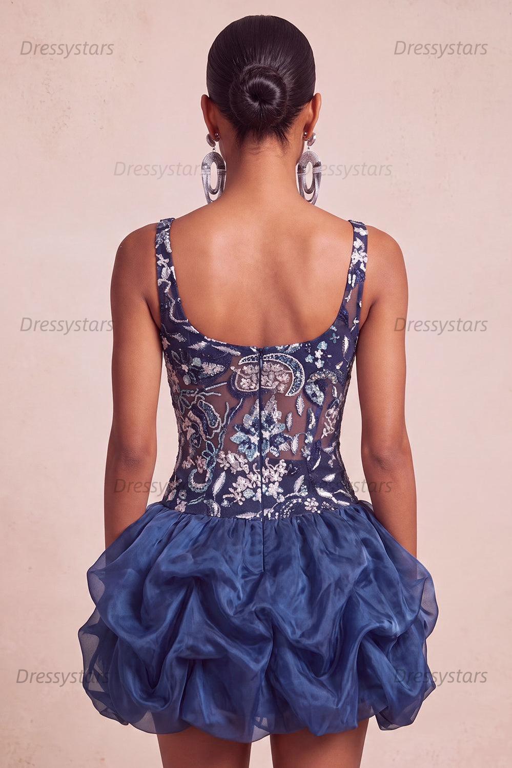 Dressystars Ruffled Beaded Navy Bubble A Line Floral Mini Homecoming Dress