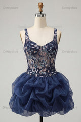 Dressystars Ruffled Beaded Navy Bubble A Line Floral Mini Homecoming Dress