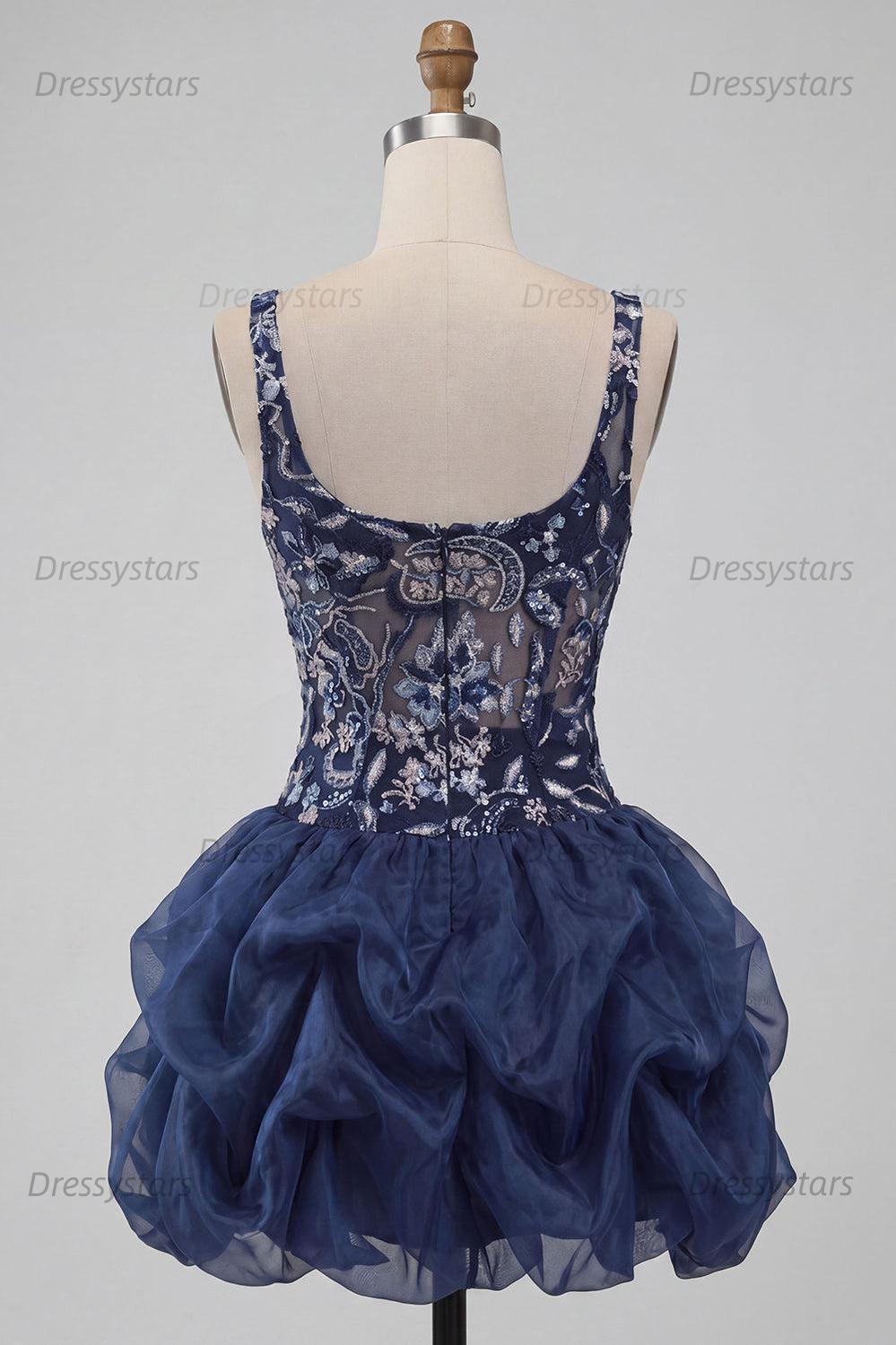 Dressystars Ruffled Beaded Navy Bubble A Line Floral Mini Homecoming Dress