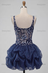 Dressystars Ruffled Beaded Navy Bubble A Line Floral Mini Homecoming Dress
