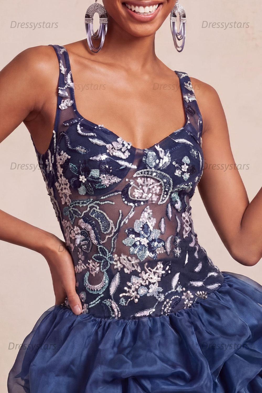Dressystars Ruffled Beaded Navy Bubble A Line Floral Mini Homecoming Dress