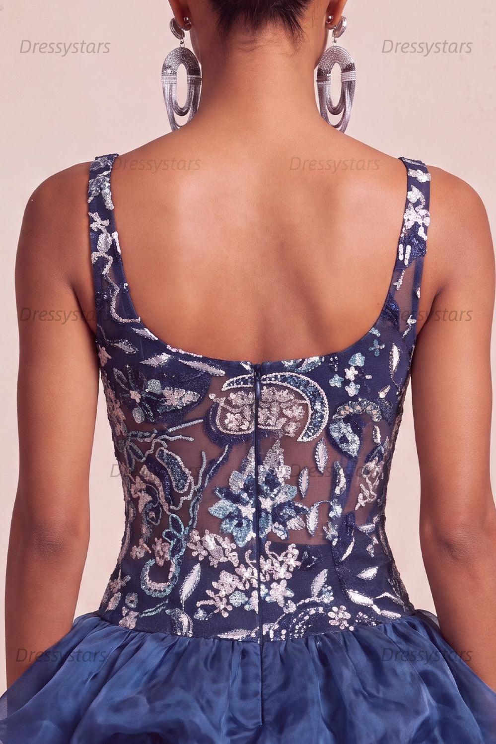 Dressystars Ruffled Beaded Navy Bubble A Line Floral Mini Homecoming Dress
