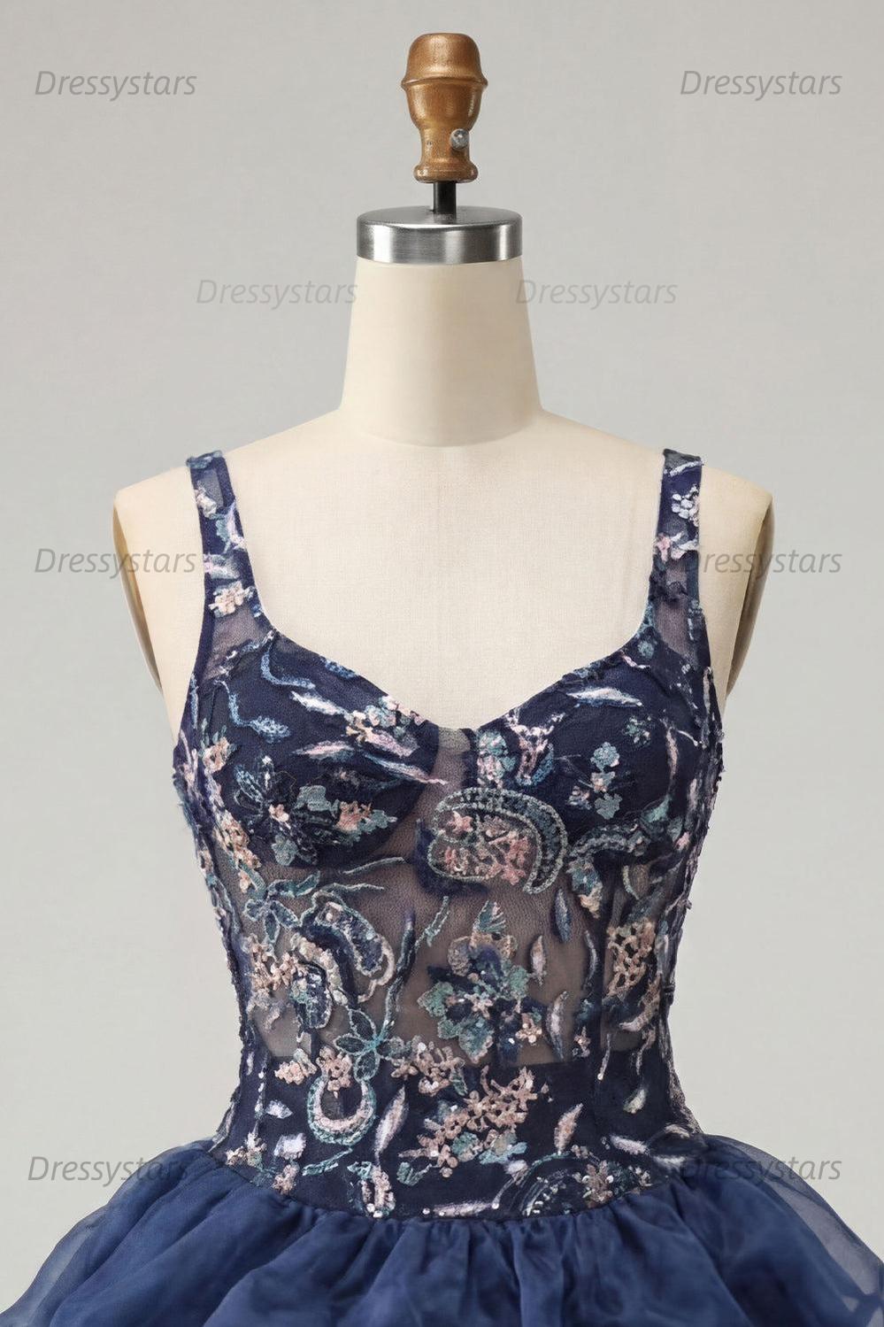 Dressystars Ruffled Beaded Navy Bubble A Line Floral Mini Homecoming Dress