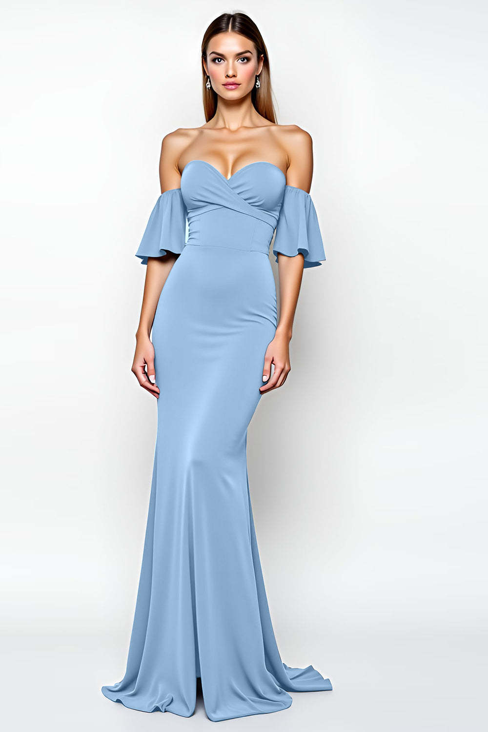 Dressystars Ruffled Sheath Dusty Blue Wedding Guest Dress Long Formal Dress
