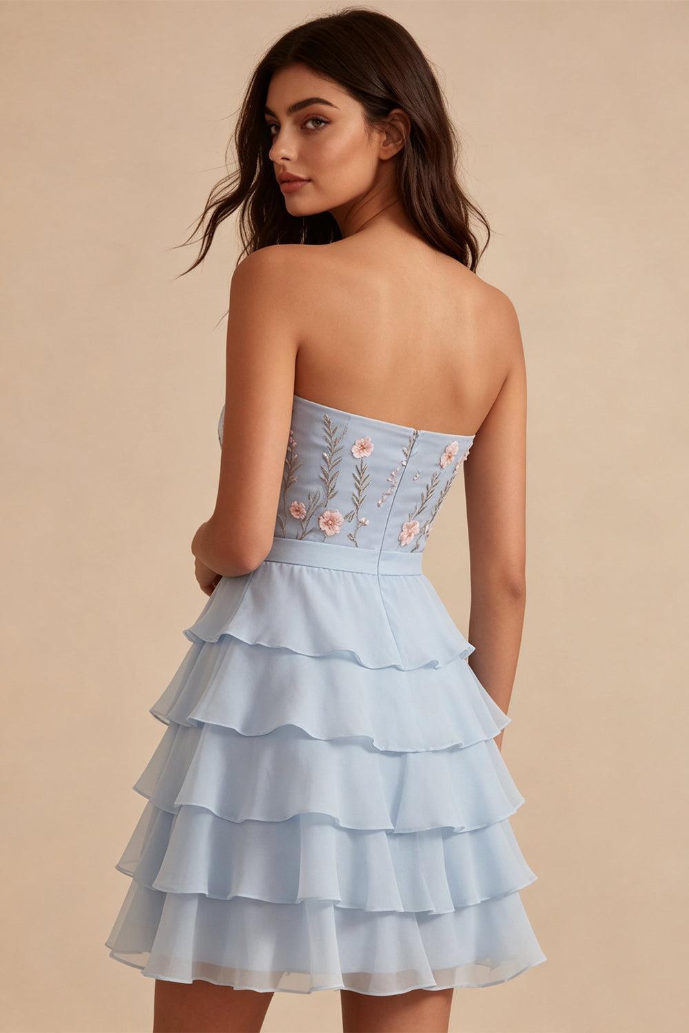 Dressystars Ruffled Sky Blue Floral Tiered A Line Short Homecoming Dress with Bow