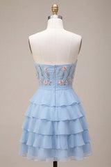 Dressystars Ruffled Sky Blue Floral Tiered A Line Short Homecoming Dress with Bow