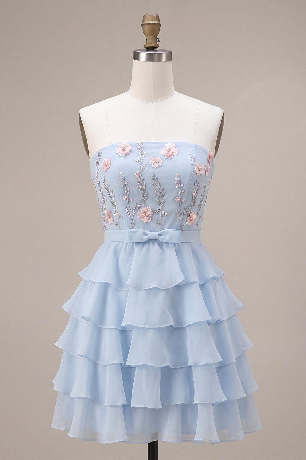 Dressystars Ruffled Sky Blue Floral Tiered A Line Short Homecoming Dress with Bow
