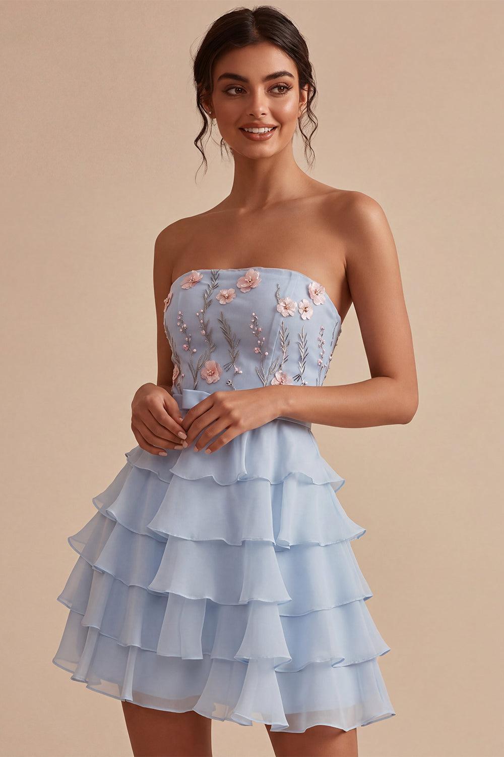 Dressystars Ruffled Sky Blue Floral Tiered A Line Short Homecoming Dress with Bow