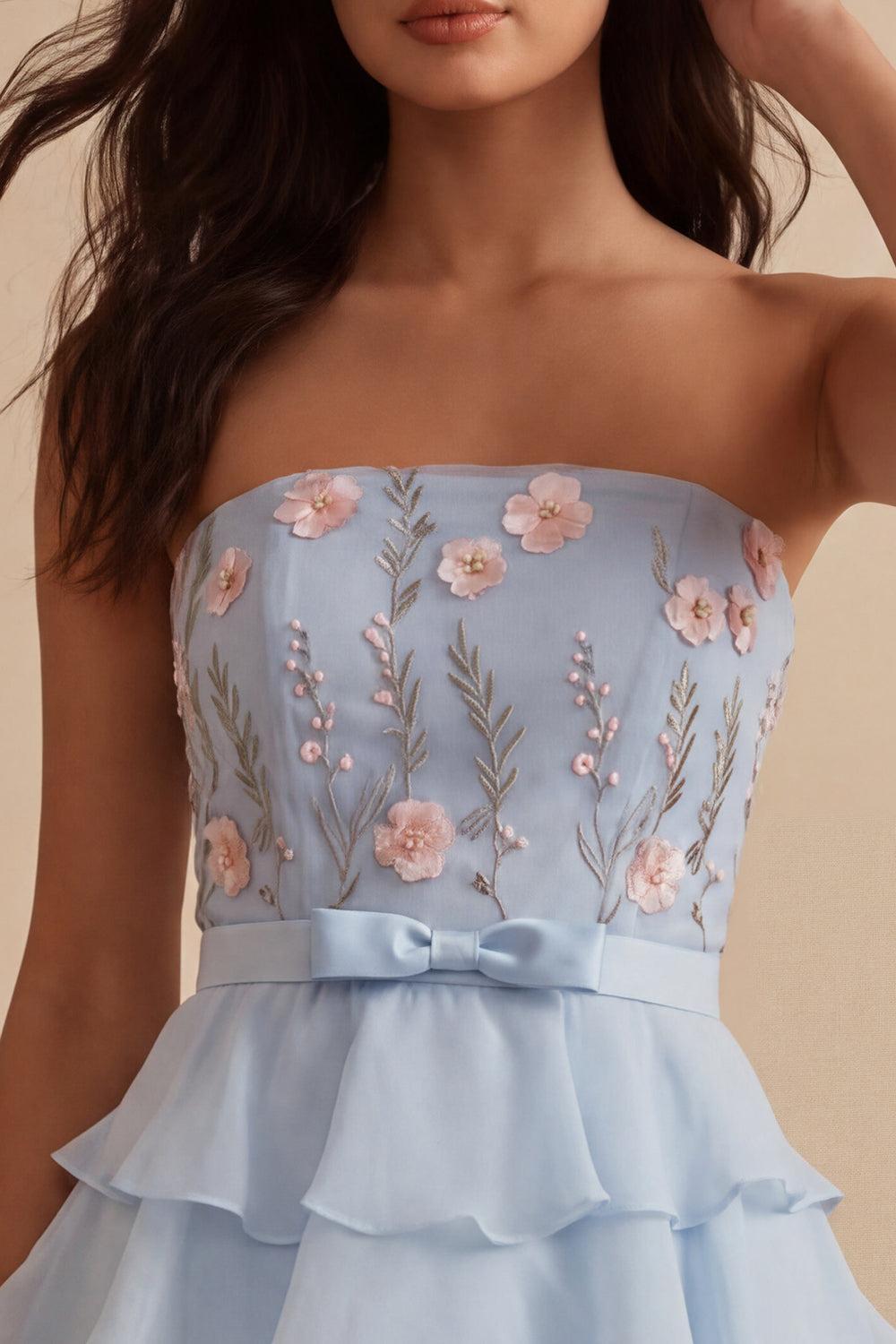 Dressystars Ruffled Sky Blue Floral Tiered A Line Short Homecoming Dress with Bow