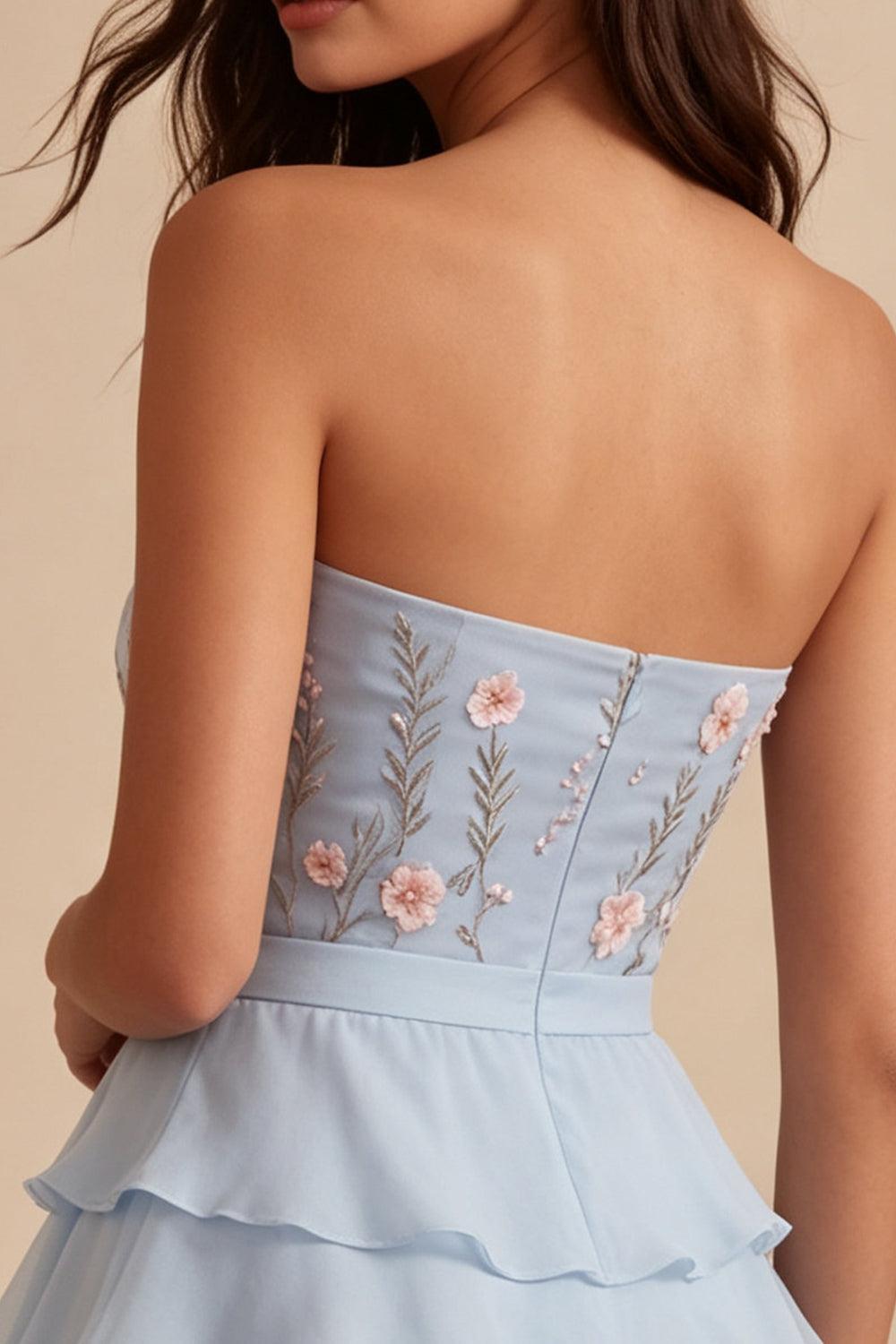 Dressystars Ruffled Sky Blue Floral Tiered A Line Short Homecoming Dress with Bow