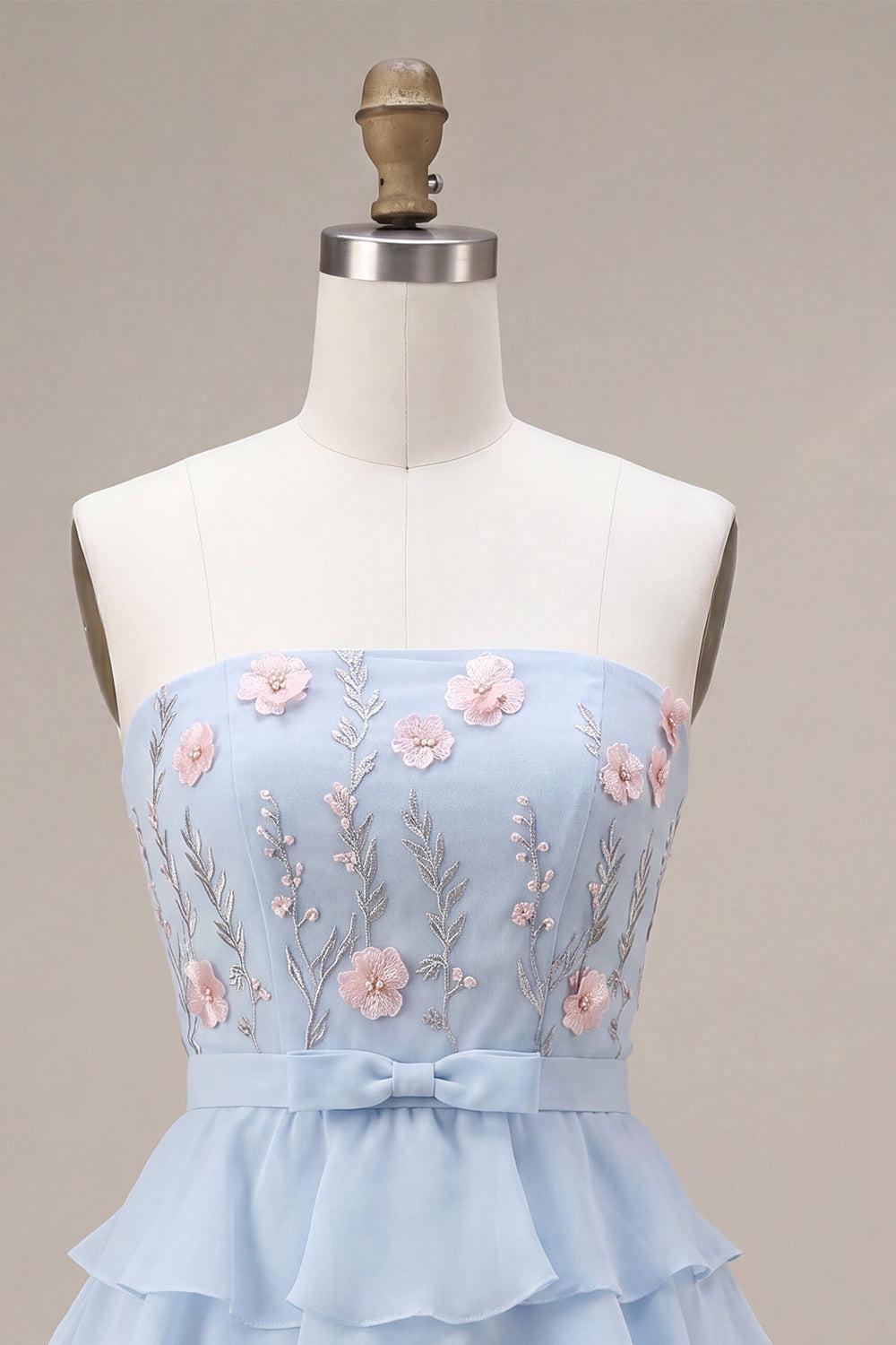 Dressystars Ruffled Sky Blue Floral Tiered A Line Short Homecoming Dress with Bow