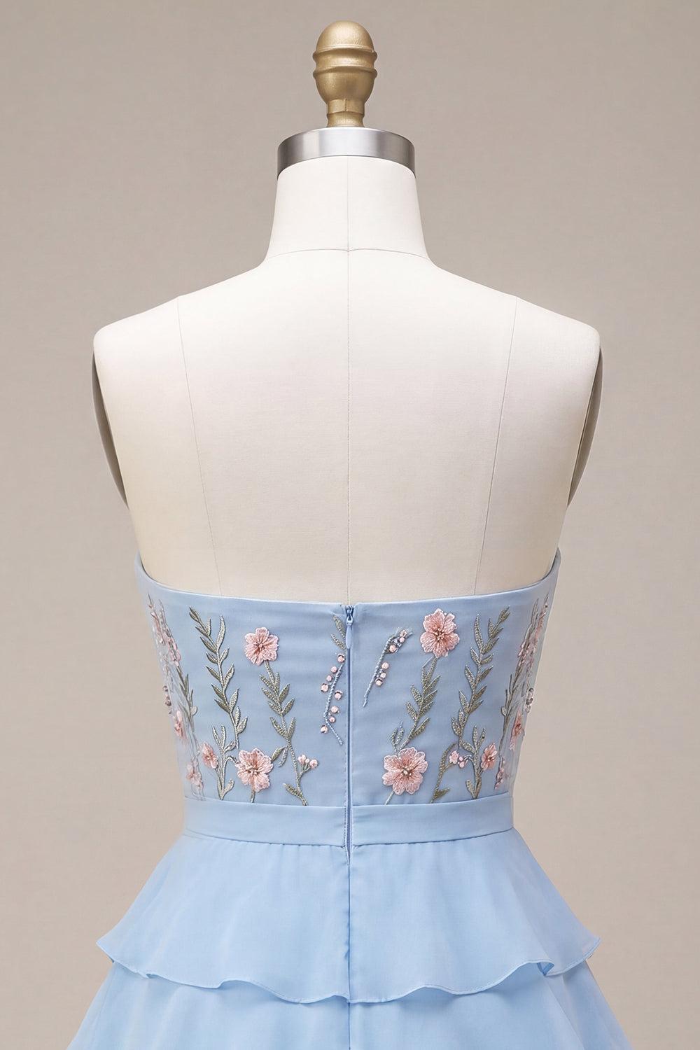 Dressystars Ruffled Sky Blue Floral Tiered A Line Short Homecoming Dress with Bow