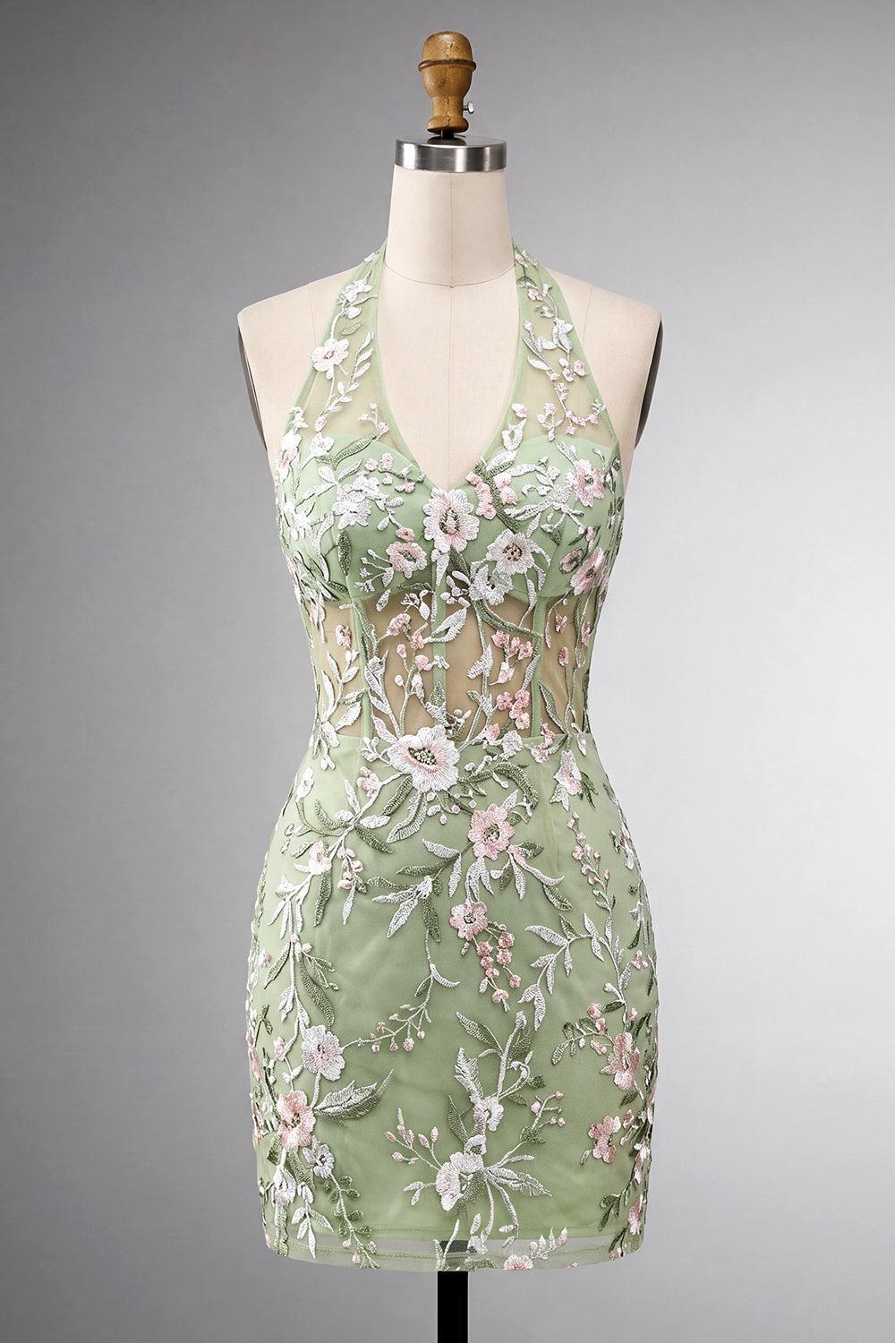 Dressystars Sage Green Floral Halter Corset Tight Short Homecoming Dress