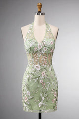 Dressystars Sage Green Floral Halter Corset Tight Short Homecoming Dress