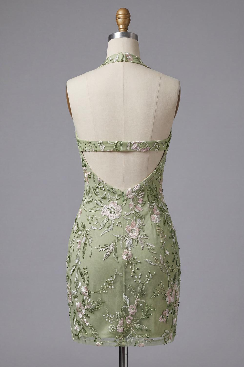 Dressystars Sage Green Floral Halter Corset Tight Short Homecoming Dress