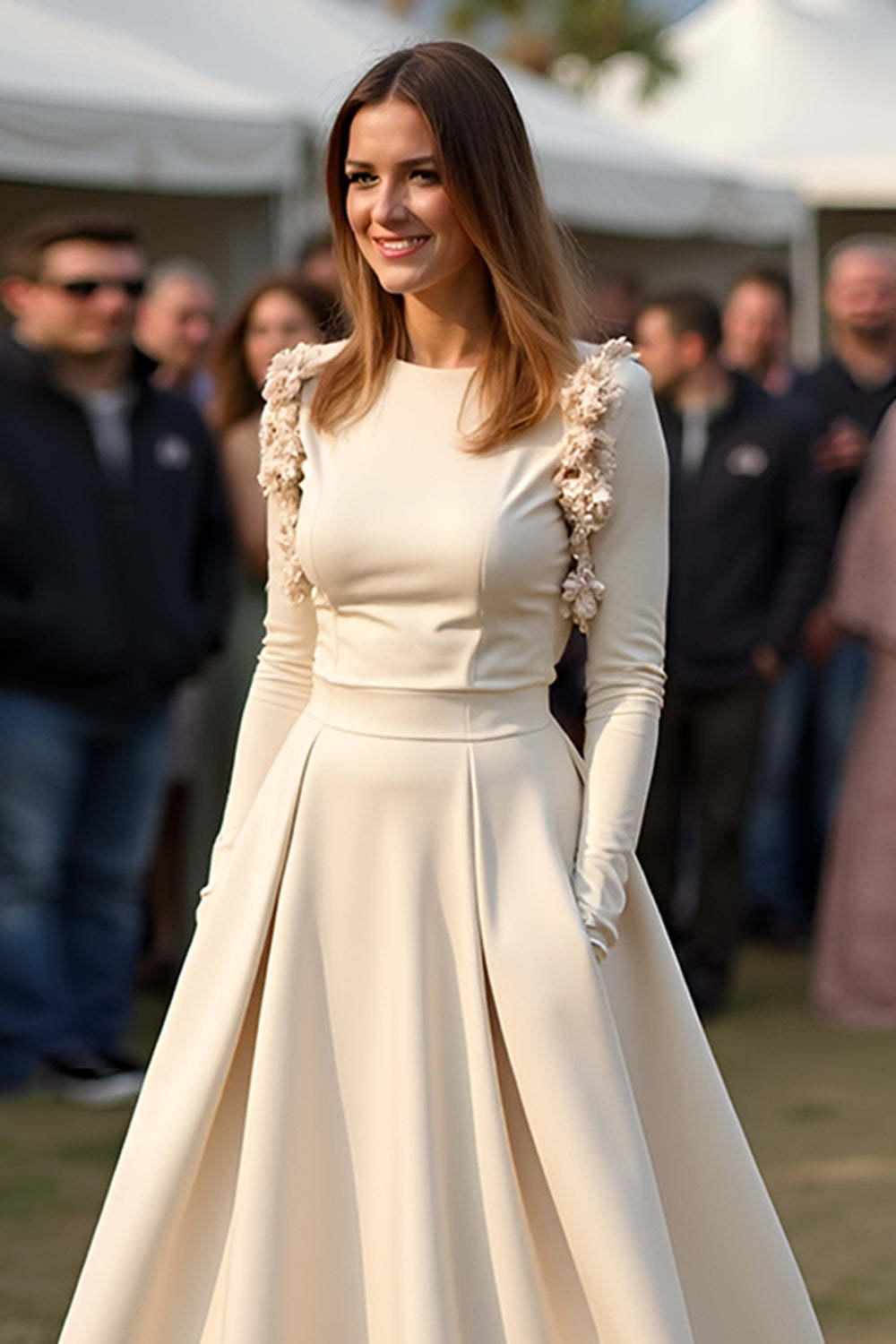 Dressystars Satin A Line Apricot Wedding Guest Dress Gala Dress With Long Sleeves