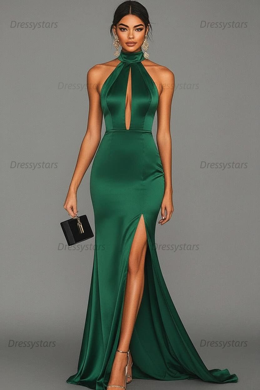 Dressystars Satin Black Wedding Guest Dress Mermaid Halter Neck Formal Dress