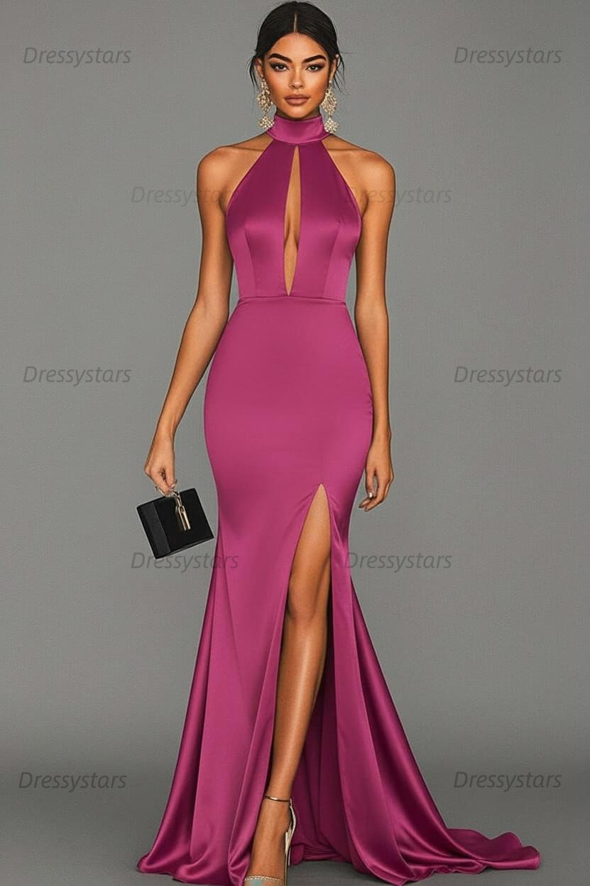 Dressystars Satin Black Wedding Guest Dress Mermaid Halter Neck Formal Dress