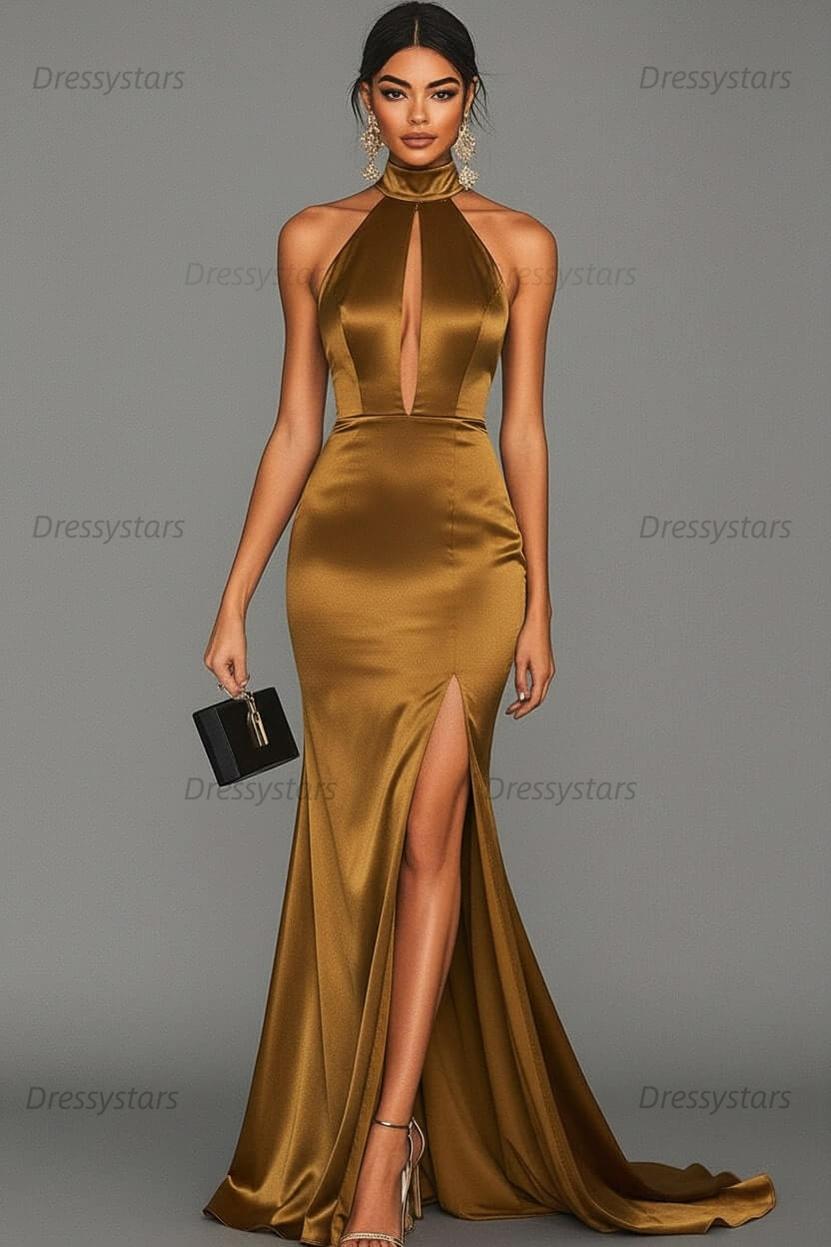 Dressystars Satin Black Wedding Guest Dress Mermaid Halter Neck Formal Dress