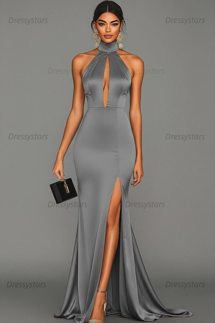 Dressystars Satin Black Wedding Guest Dress Mermaid Halter Neck Formal Dress