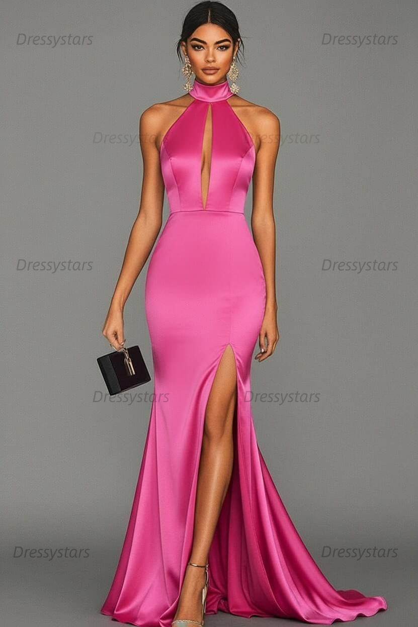 Dressystars Satin Black Wedding Guest Dress Mermaid Halter Neck Formal Dress