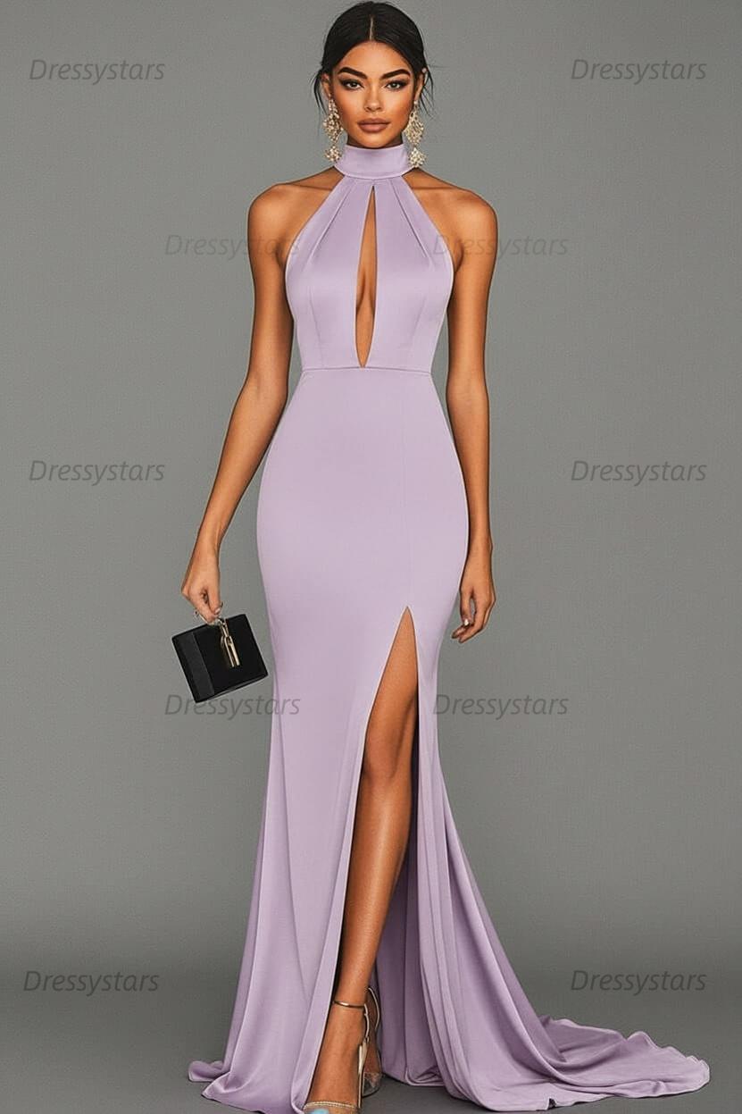 Dressystars Satin Black Wedding Guest Dress Mermaid Halter Neck Formal Dress