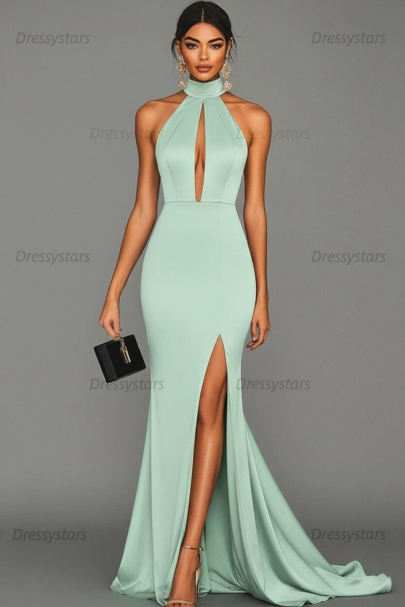 Dressystars Satin Black Wedding Guest Dress Mermaid Halter Neck Formal Dress