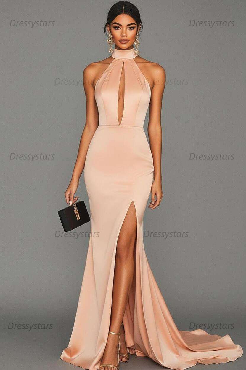 Dressystars Satin Black Wedding Guest Dress Mermaid Halter Neck Formal Dress