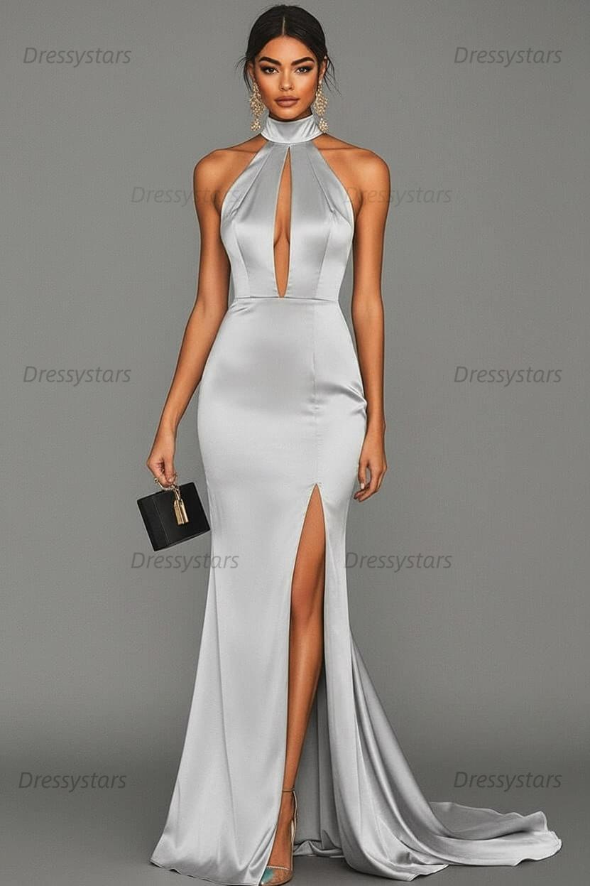 Dressystars Satin Black Wedding Guest Dress Mermaid Halter Neck Formal Dress