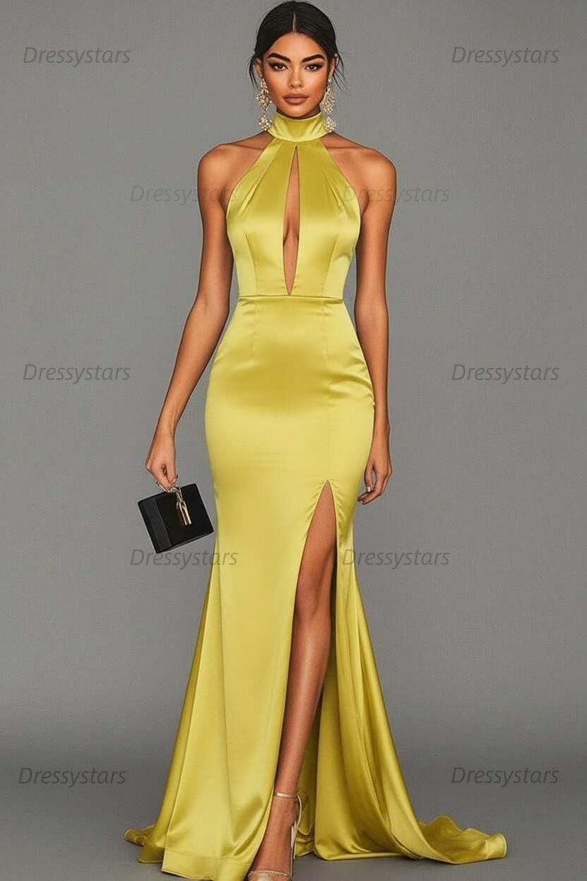 Dressystars Satin Black Wedding Guest Dress Mermaid Halter Neck Formal Dress