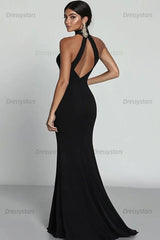 Dressystars Satin Black Wedding Guest Dress Mermaid Halter Neck Formal Dress