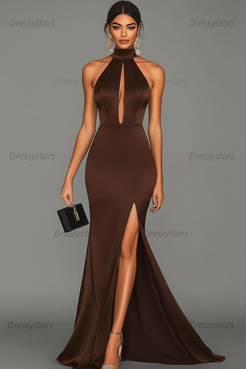 Dressystars Satin Black Wedding Guest Dress Mermaid Halter Neck Formal Dress