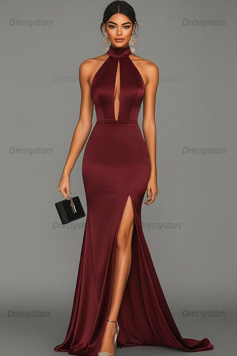 Dressystars Satin Black Wedding Guest Dress Mermaid Halter Neck Formal Dress