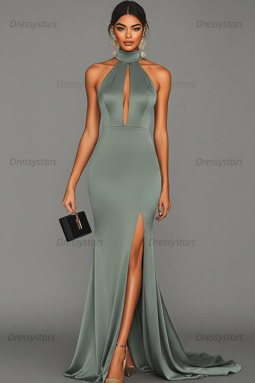 Dressystars Satin Black Wedding Guest Dress Mermaid Halter Neck Formal Dress