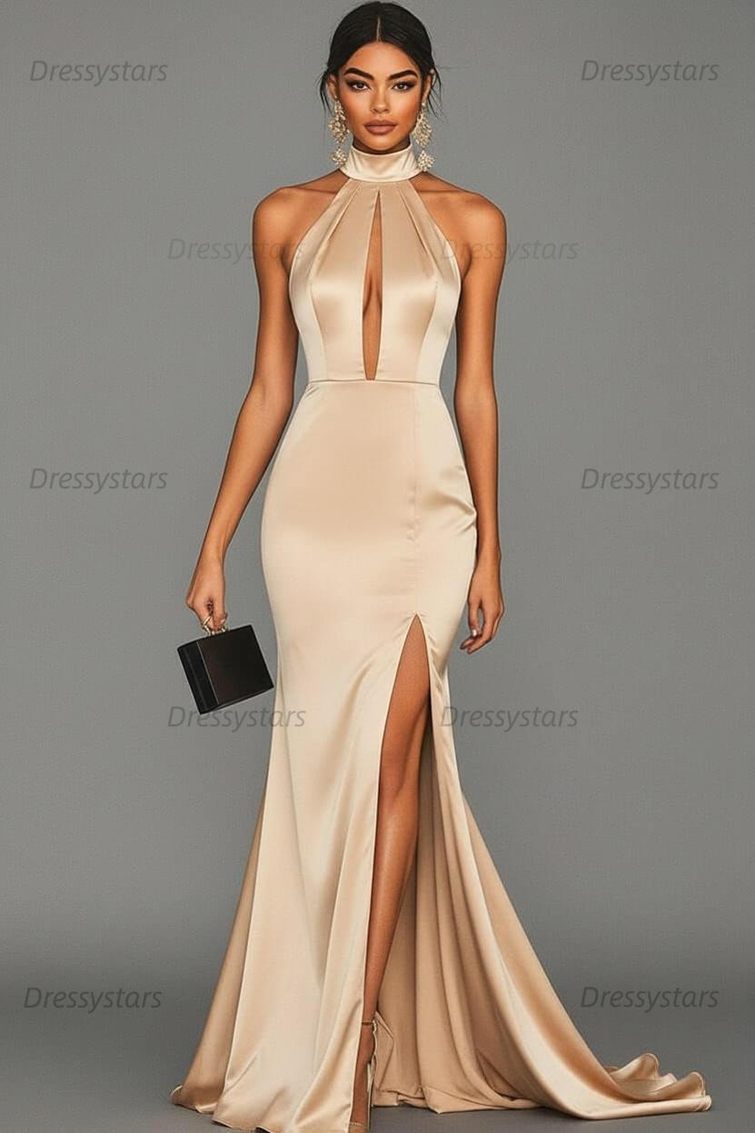 Dressystars Satin Black Wedding Guest Dress Mermaid Halter Neck Formal Dress