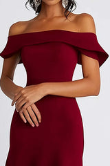 Dressystars Satin Burgundy Wedding Guest Dress Off The Shoulder Knee-Length Formal Dress