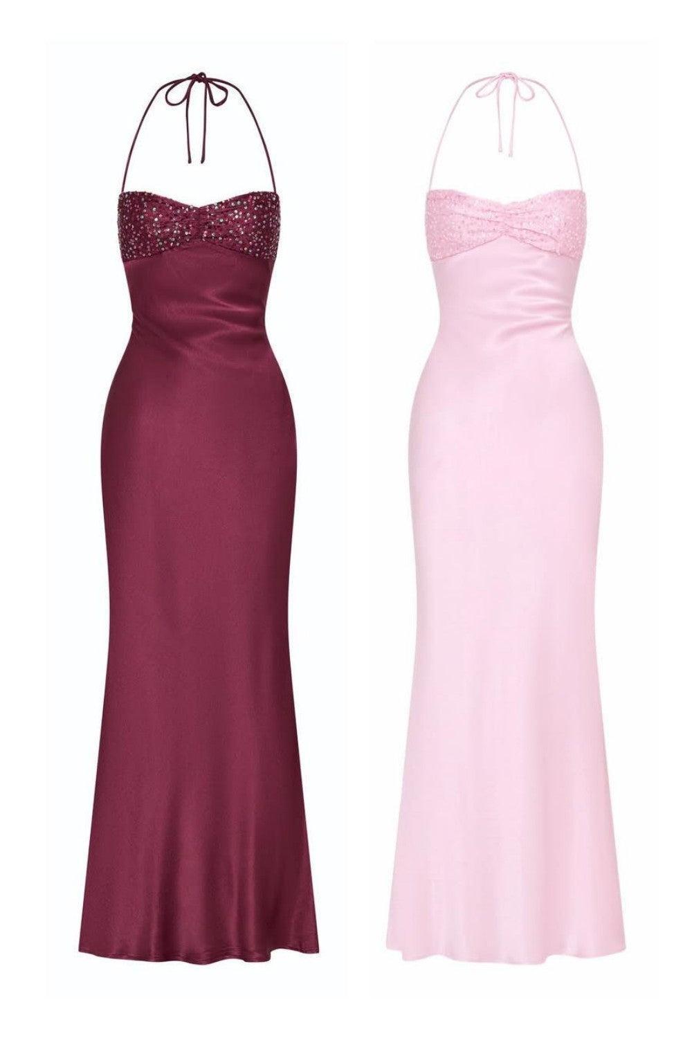 Dressystars Satin Halter Neck Lace Up Long Prom Party Dress With Sequin Formal Evening Gown