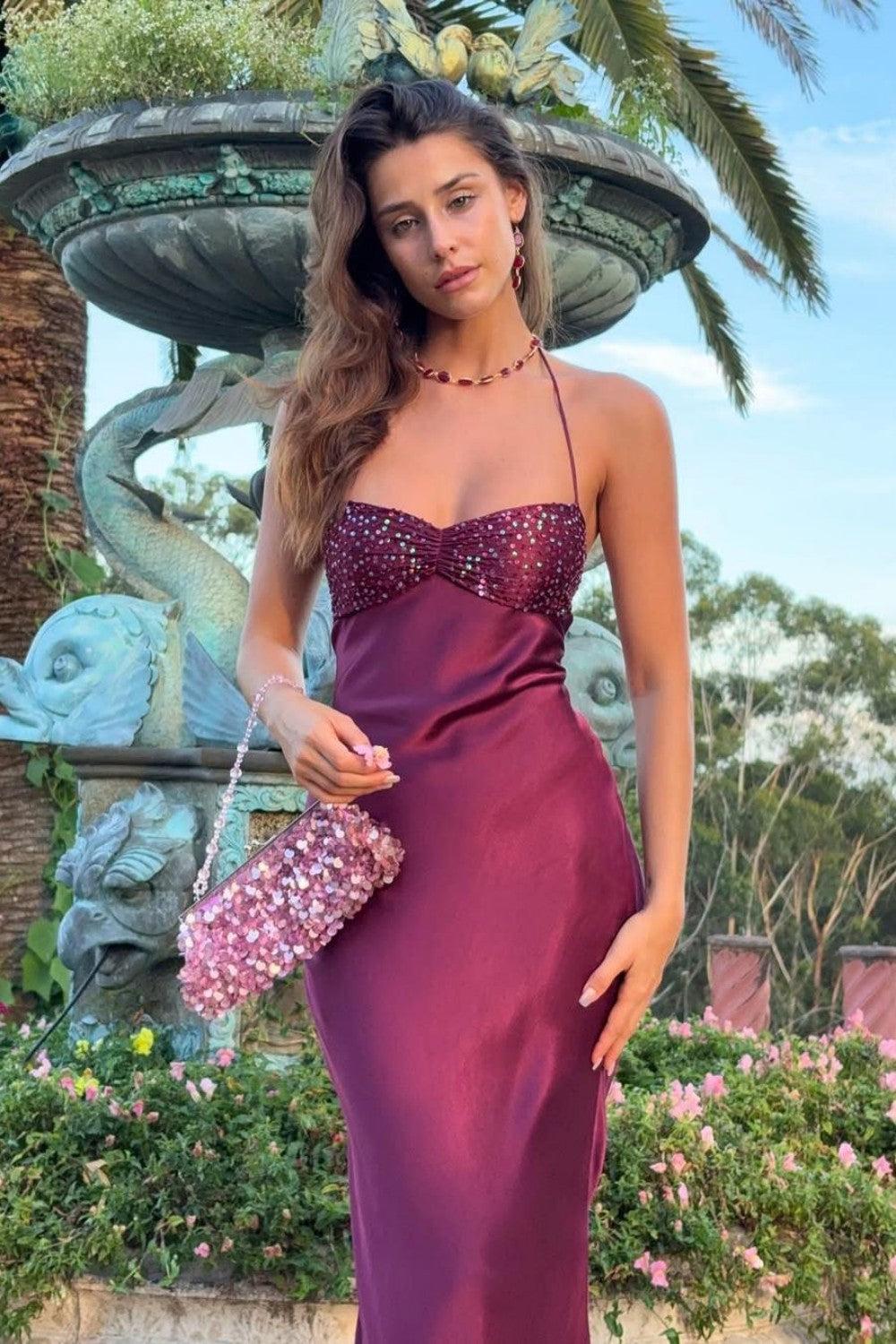 Dressystars Satin Halter Neck Lace Up Long Prom Party Dress With Sequin Formal Evening Gown