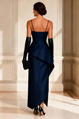 Dressystars Satin Navy Spaghetti Straps Ruched Asymmetrical Mother Of The Bride Dress