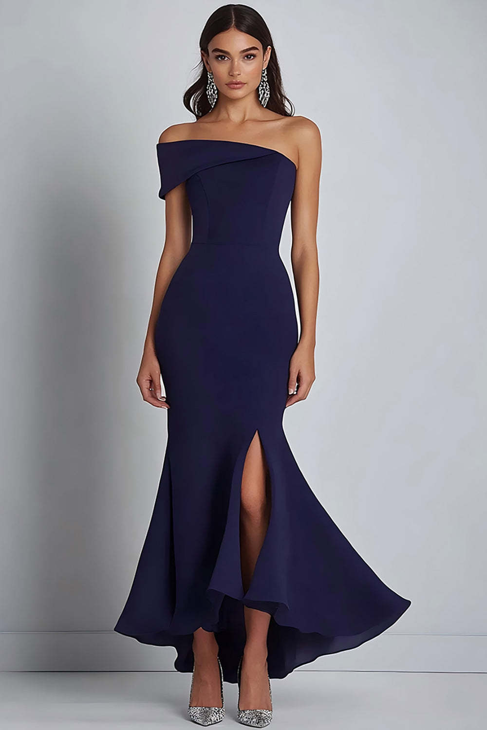 Dressystars Satin Navy Wedding Guest Dress Sheath Off The Shoulder Long Formal Dress With Slit