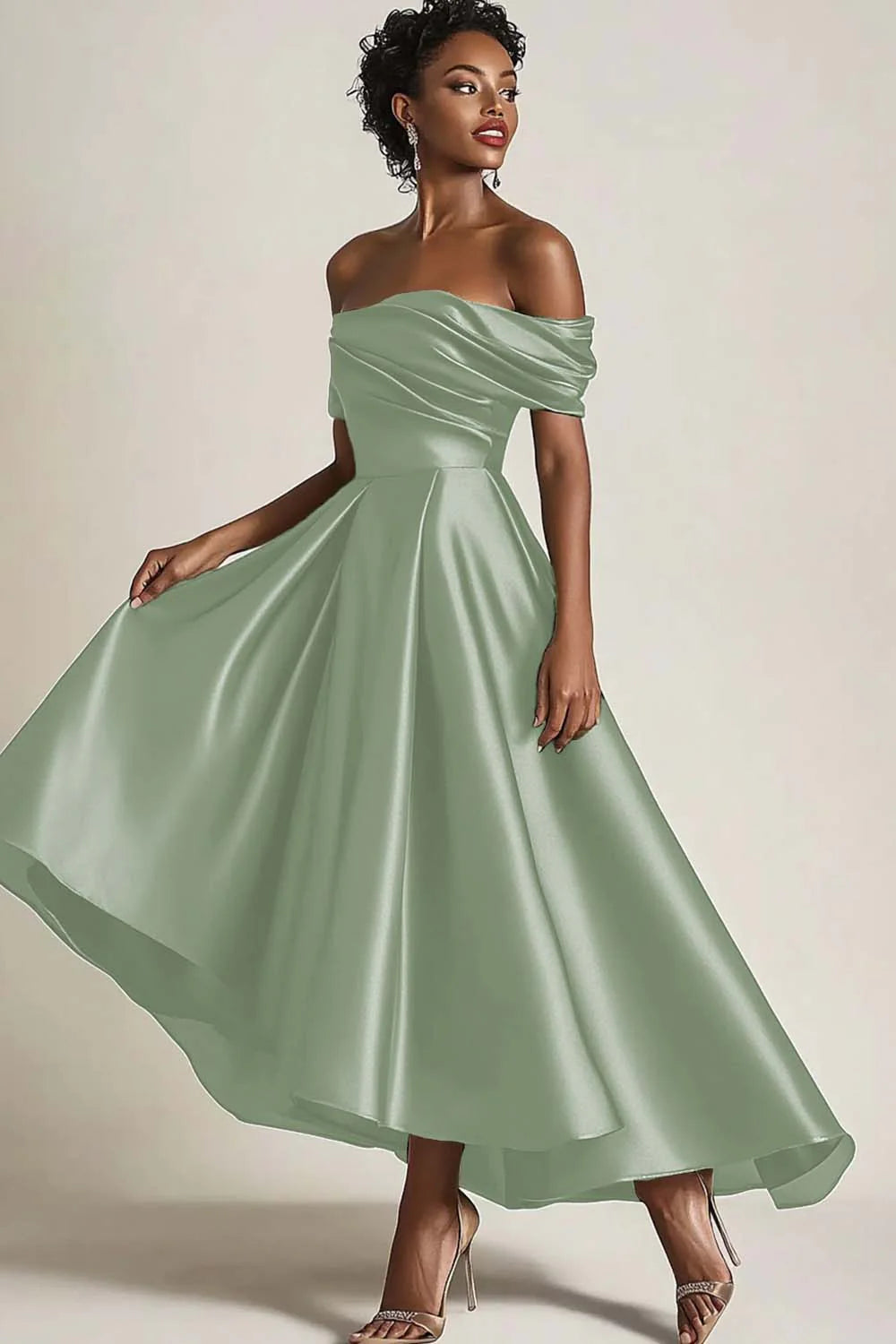 Dressystars Satin Olive Wedding Guest Dress A-Line Off The Shoulder Ruched Ankle Length Formal Dress