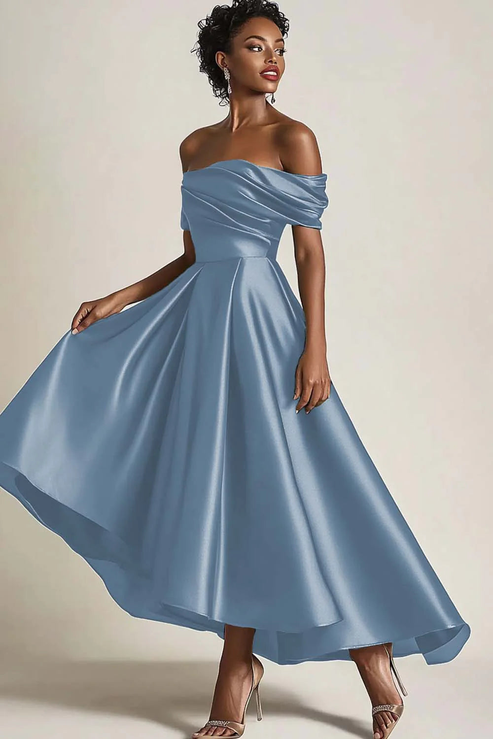 Dressystars Satin Olive Wedding Guest Dress A-Line Off The Shoulder Ruched Ankle Length Formal Dress