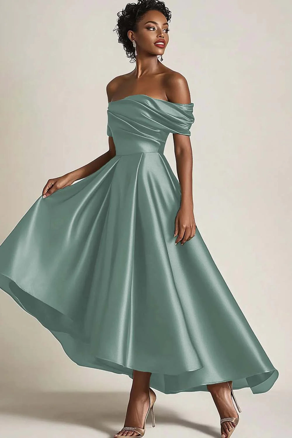 Dressystars Satin Olive Wedding Guest Dress A-Line Off The Shoulder Ruched Ankle Length Formal Dress