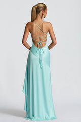 Dressystars Satin Spaghetti Straps Aqua Blue Long Prom Dress With Ruffles Formal Evening Gown