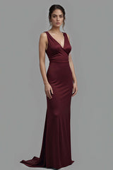 Dressystars Satin V-Neck Cabernet Sheath Long Formal Dress
