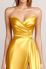 Dressystars Satin Yellow A-Line Strapless Ruched Long Formal Dress With Slit