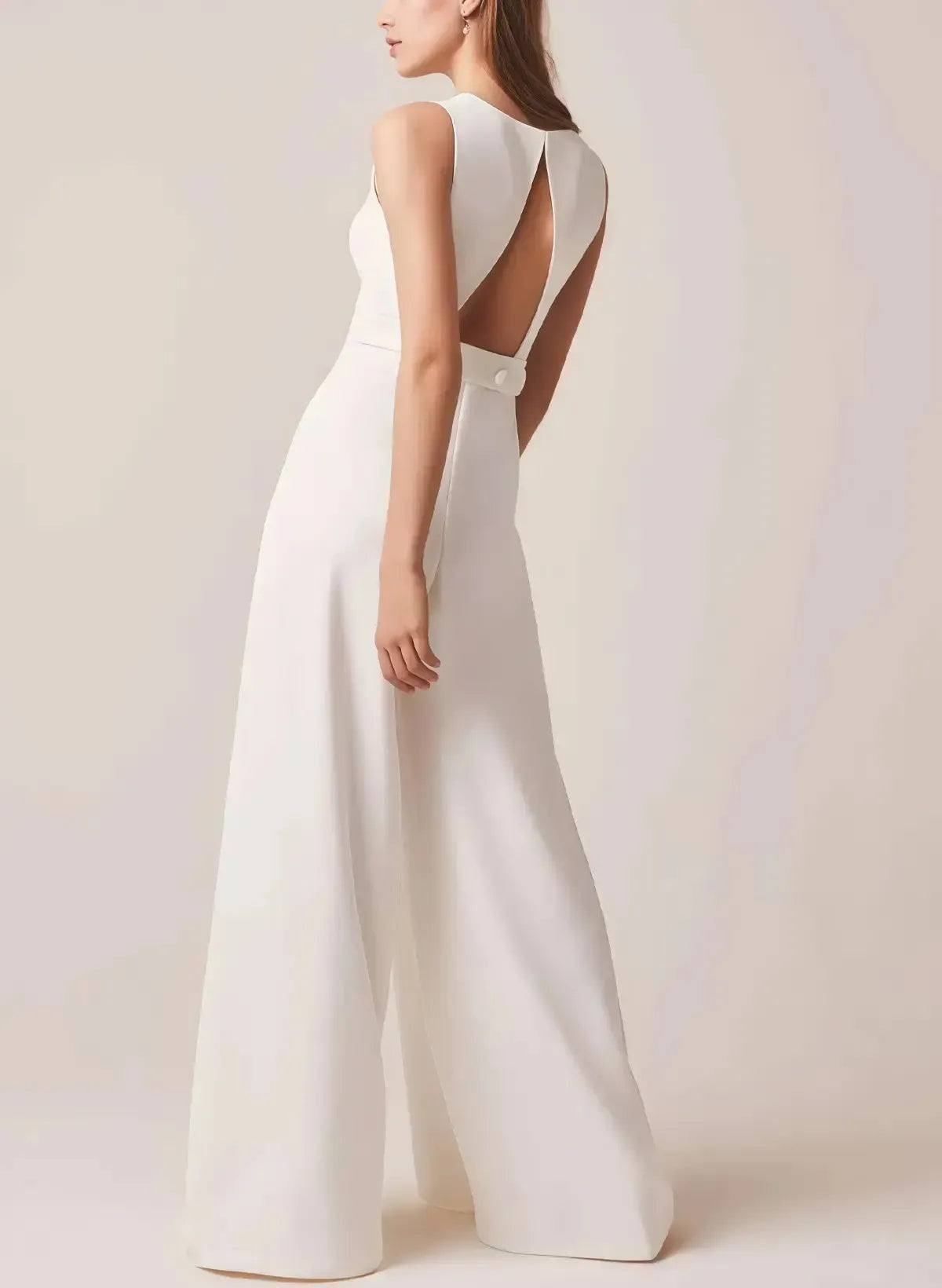 Dressystars Scoop Neck Sleeveless Floor Length Italian Satin Wedding Jumpsuit with Pockets